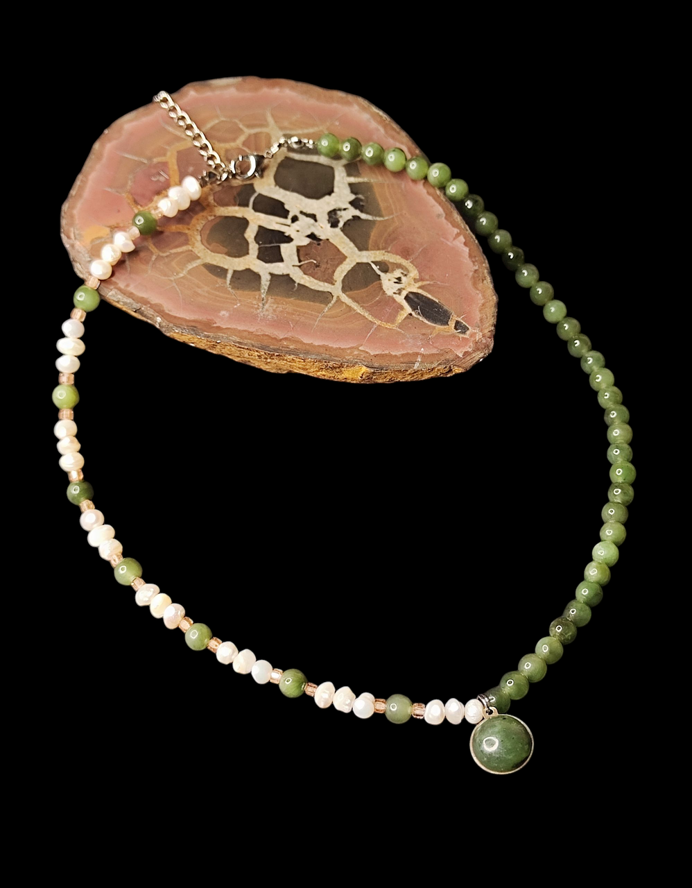 Намисто нефрит перли циркон. Кольє з натурального нефриту та перлів. Чокер з перлів та нефриту., фото 1