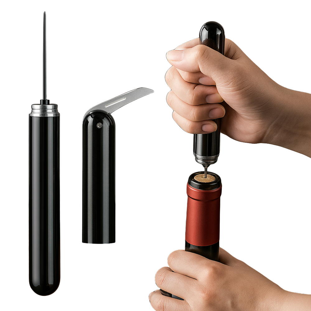 Пневматичний штопор для пляшок із нержавіючої сталі з різаком, Чорний / Штопор для вина / Ручний штопор / Штопор голка, фото 1