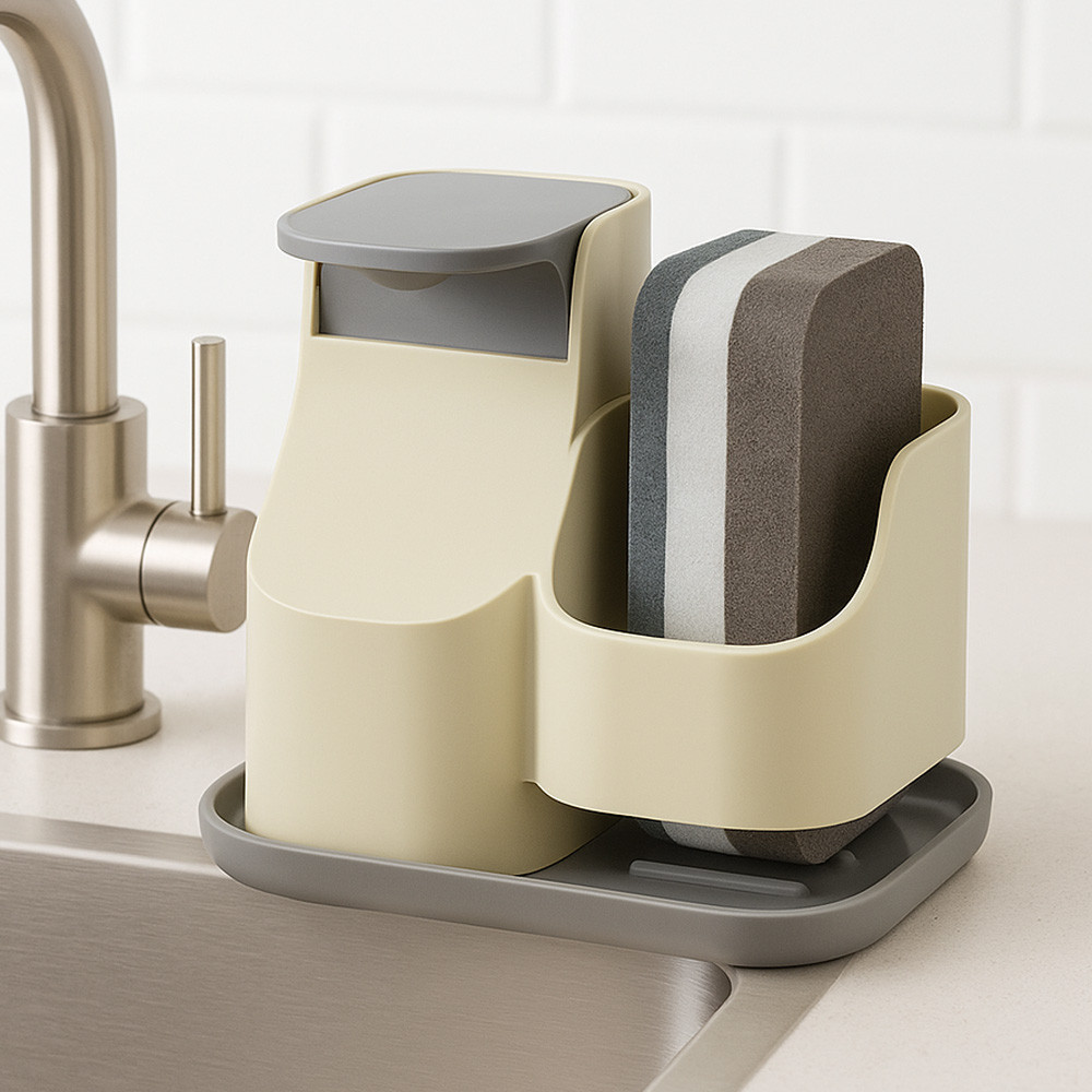 Дозатор для миючого засобу з тримачем для губки (12,5х9,5см) / Кухонний диспенсер для мила / Органайзер для раковини, фото 1