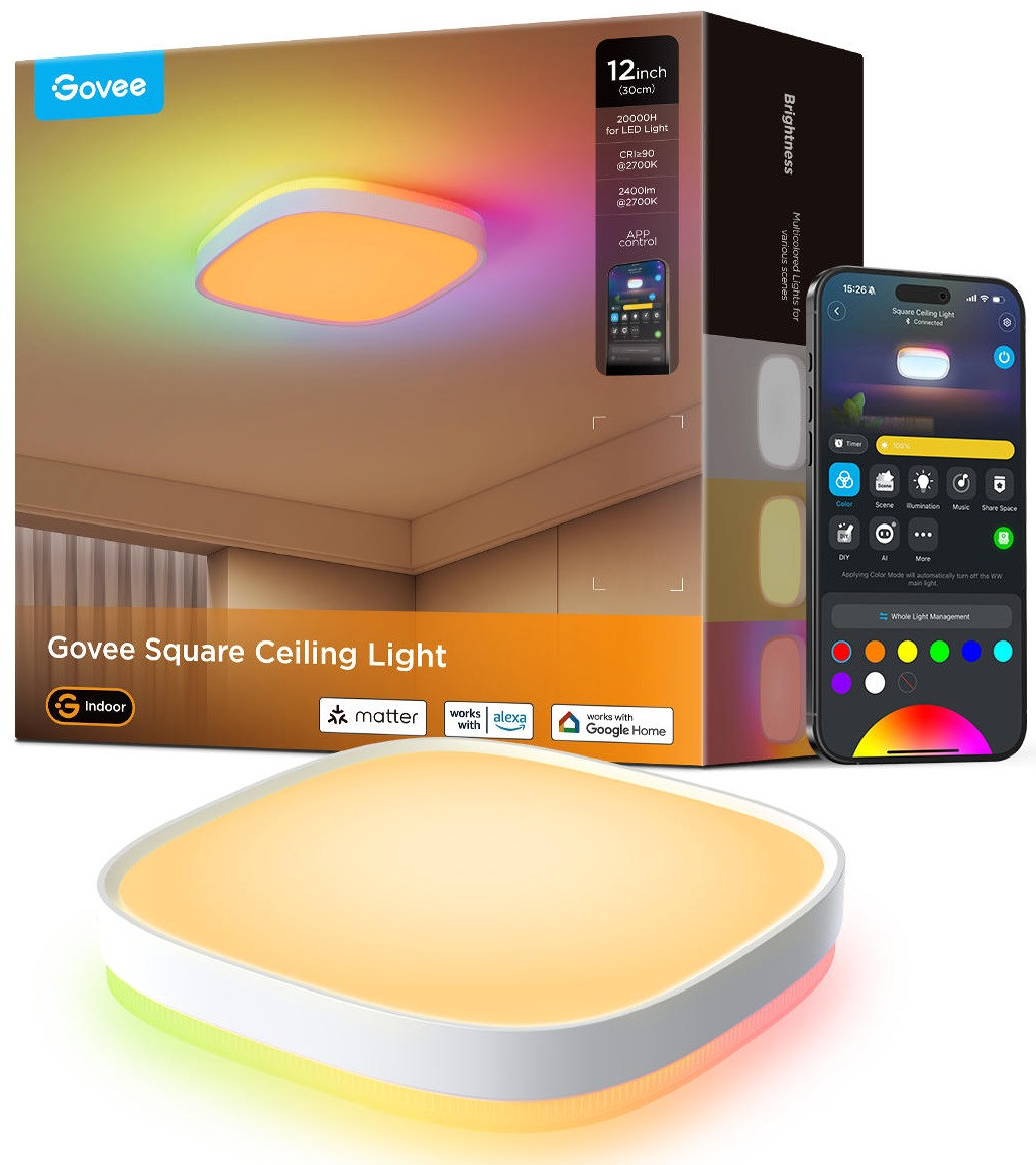 Потолочний світильник Govee H60A4 30cm Smart Square Ceiling Light, RGBWW + RGBIC, WI-FI/Bluetooth, білий, фото 1