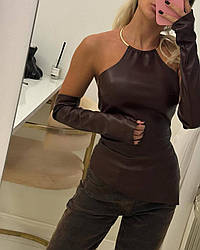 Топ з декоративним зйомним кільцем та рукава шоколадного кольору