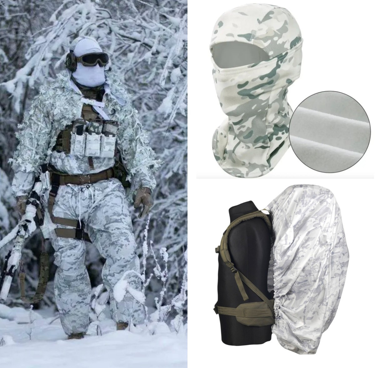 Маскувальний костюм Multicam Alpine 3 в 1: куртка + штани + балаклава Alpin+ кавер на рюкзак 80–120 л (сніговий маскхалат антидрон
