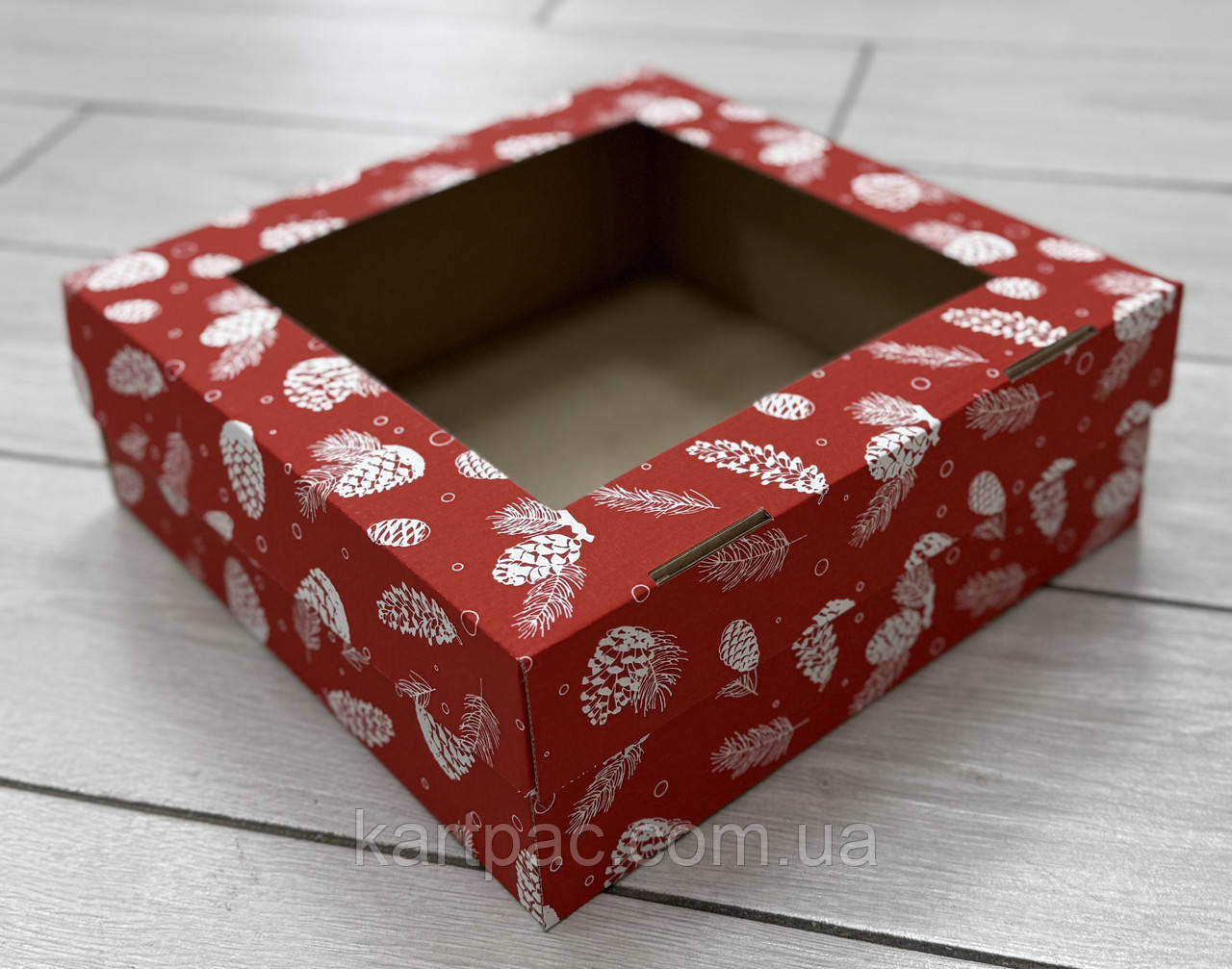 Коробка з прозорим вікном для кондитерських виробів 253*253*90 новорічна, фото 1