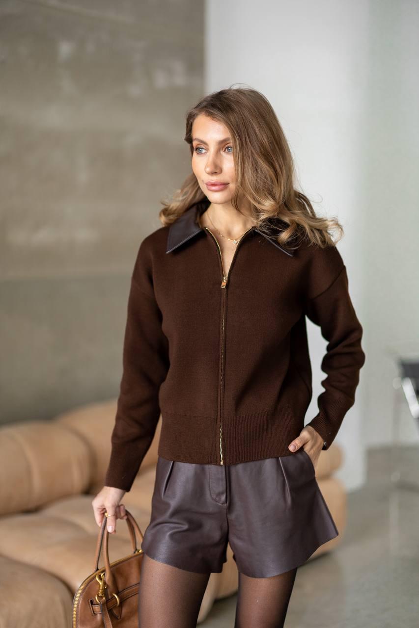 Жіноча кофта поло на близкавці з вовною і шкіряним коміром | Стильна кофта поло, розмір 42–46, фото 1