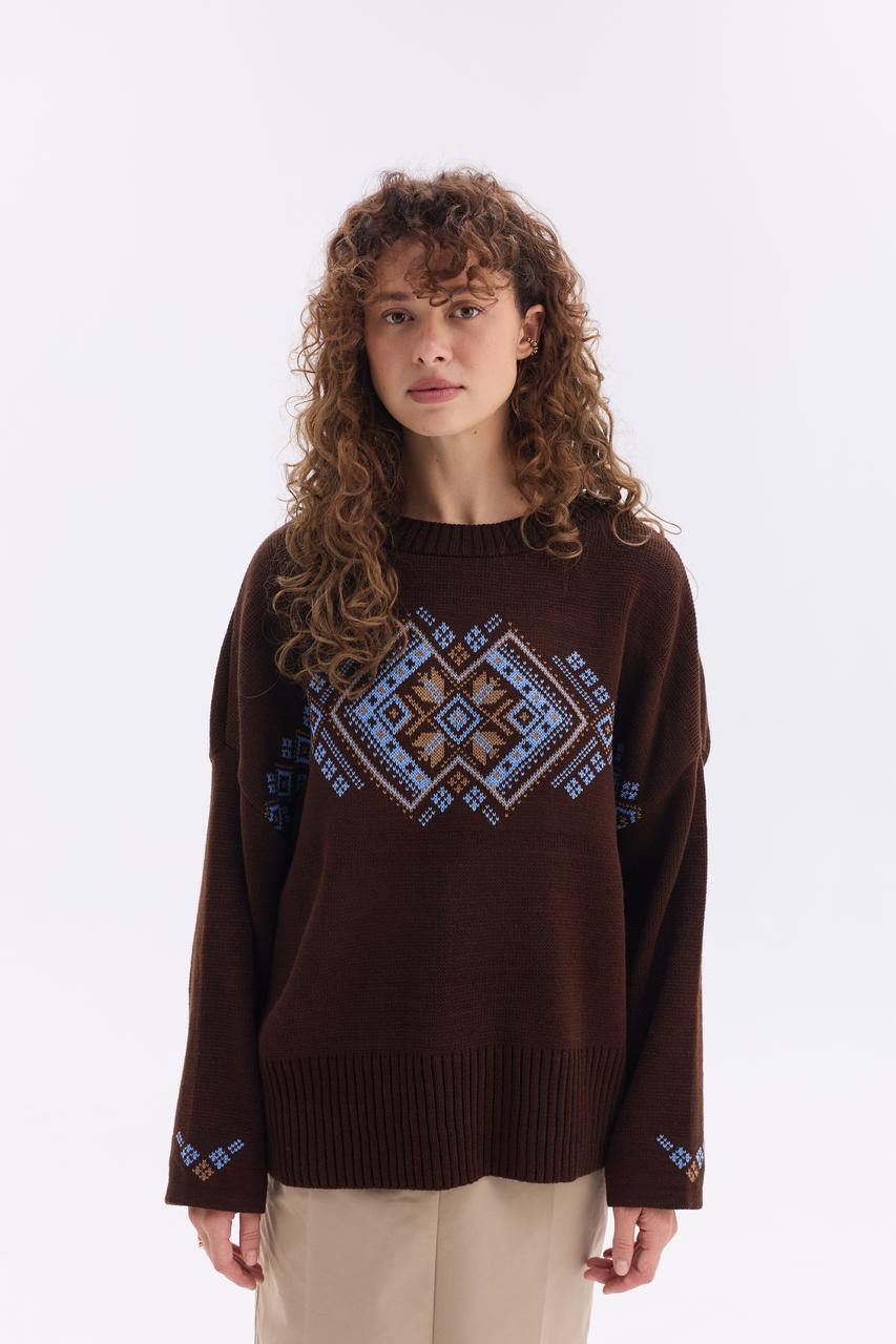 Джемпер жіночий oversize в українському стилі "Етно", коричневий напіввовняний светр з орнаментом, фото 1