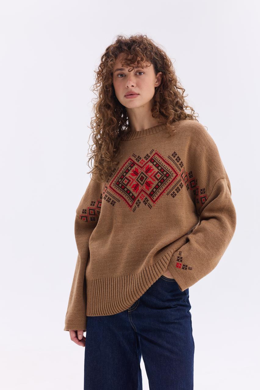 Джемпер жіночий oversize в українському стилі "Етно" світло-коричневий, напіввовняний светр з орнаментом, фото 1