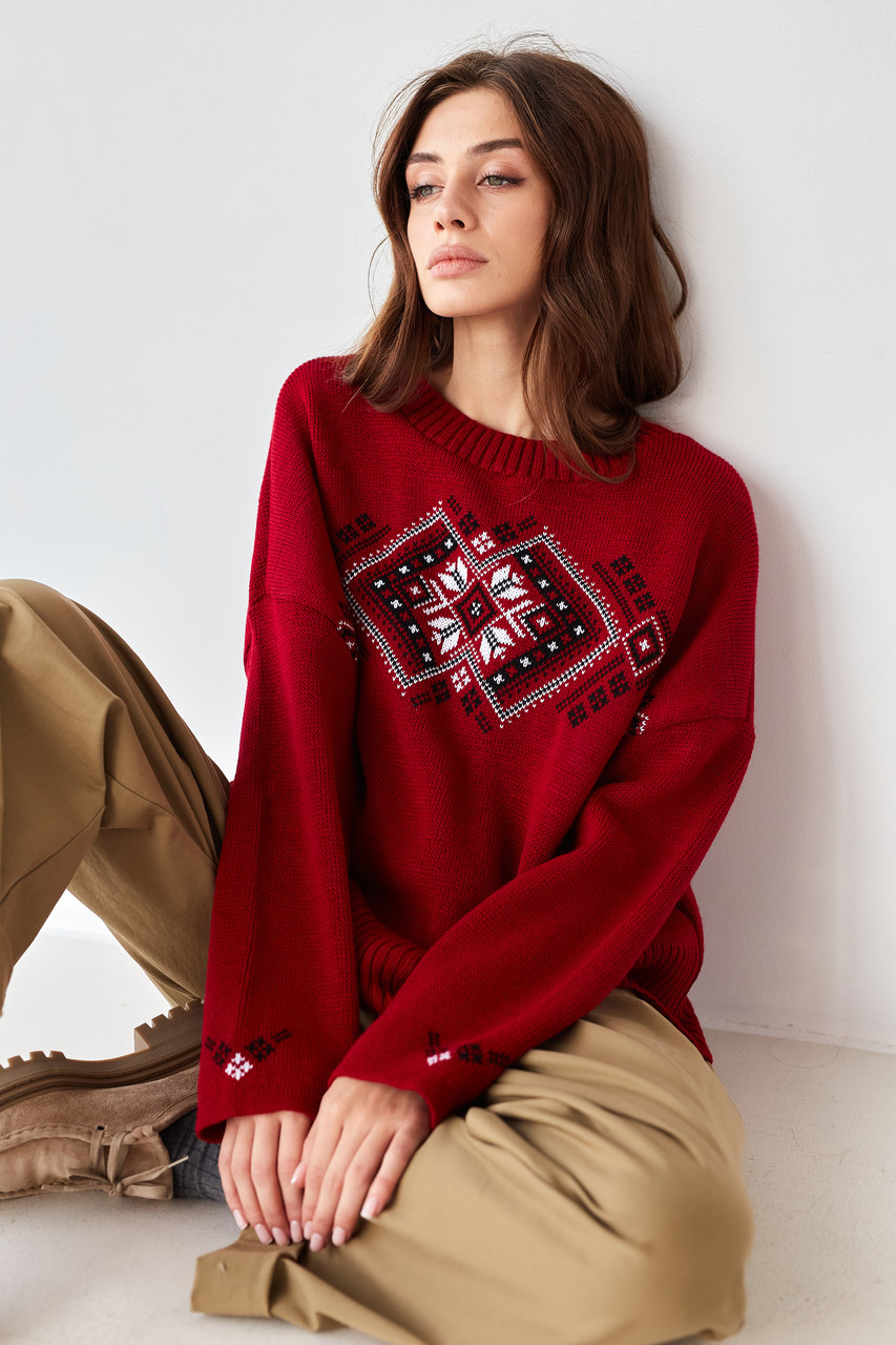 Джемпер жіночий oversize в українському стилі "Етно" червоний, напіввовняний светр з орнаментом, фото 1