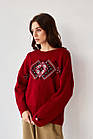 Джемпер жіночий oversize в українському стилі "Етно" червоний, напіввовняний светр з орнаментом, фото 2