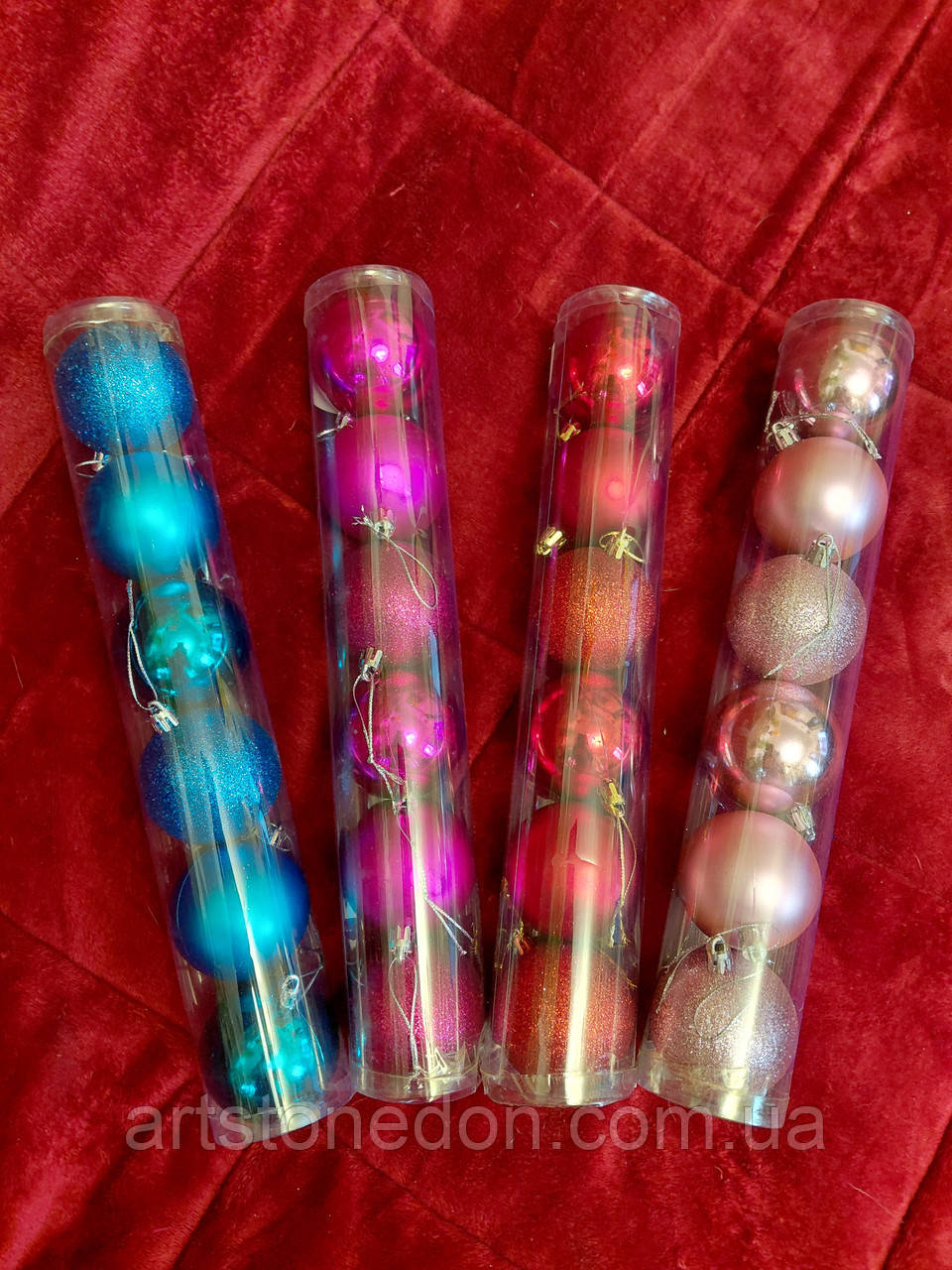 Набір з шести  новорічних куль 6 см у тубі — пластикові, легкі та яскраві, фото 1