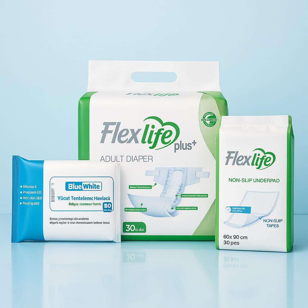 Комплект Підгузки для дорослих Flexi Life М + Пелюшки Flexi Life + Рушники Blue White, фото 1