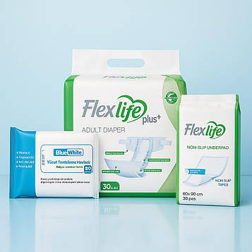 Комплект Підгузки для дорослих Flexi Life М + Пелюшки Flexi Life + Рушники Blue White