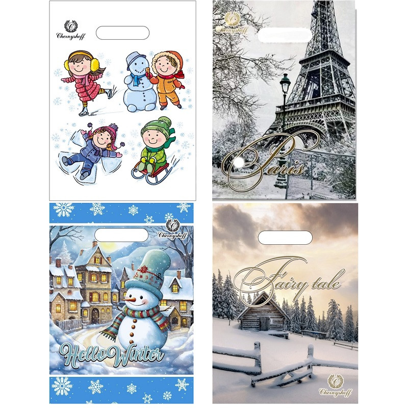 Пакет новорічний із прорізною ручкою 22*30 см, 100 шт., асортимент, 1/100, фото 1