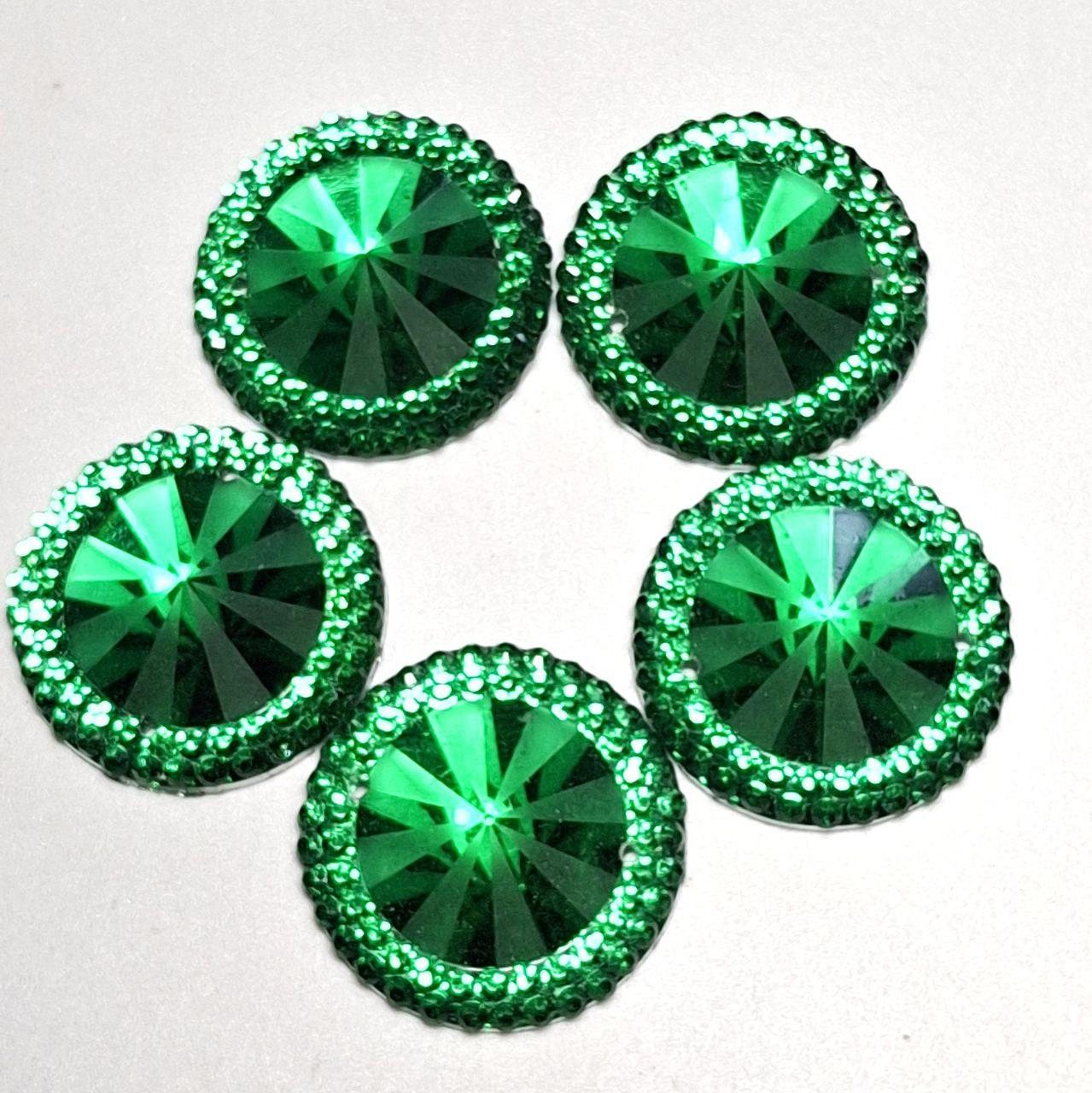 Набір 10шт. пришивних каменів з обідком діаметром 24.5мм акрил колір зелений, фото 1
