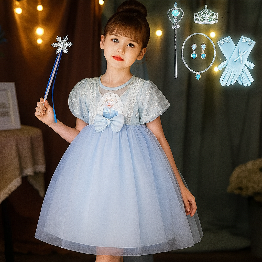 Святкове плаття принцеси Ельзи для дівчинки з LED-підсвіткою та комплектом аксесуарів, голубе (RB05), фото 1