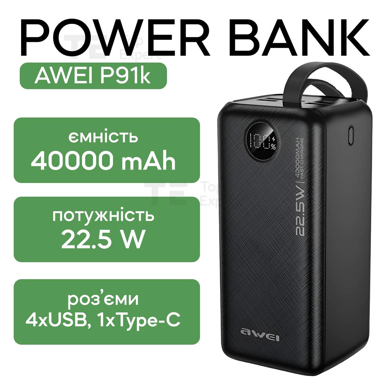 Повербанк Power bank Awei P91K 40000 mAh QC 3,0 + PD20 зі швидкою зарядкою повербанк для смартфона планшета