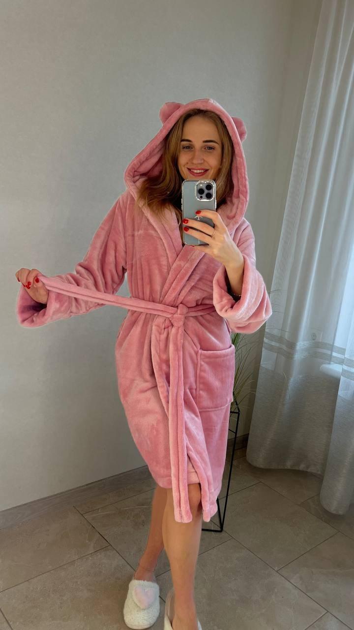 Жіночий халат теплий короткий з вушками пудра