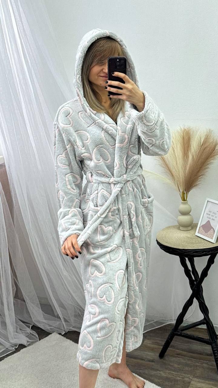 Жіночий довгий халат сірого кольору з поясом, фото 1