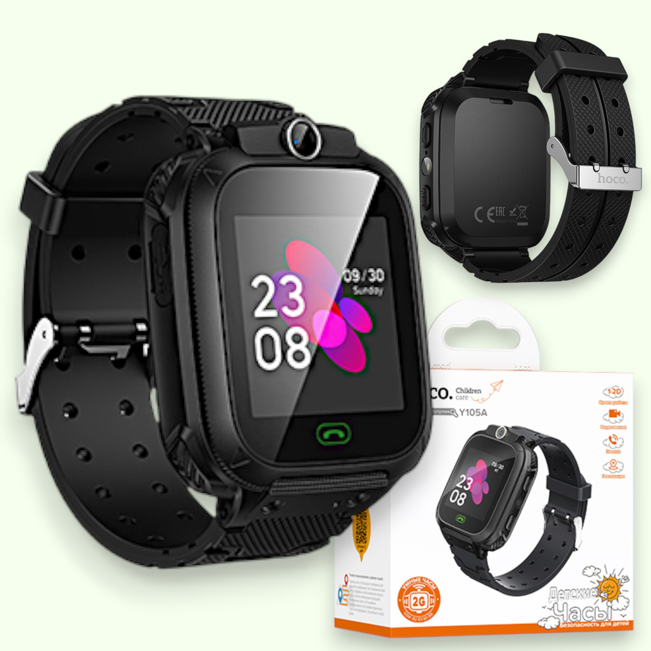 Дитячий смарт-годинник Hoco Y105 2G годинник для дитини з GPS LBS трекер, SOS, камера, крокомір, чорний, фото 1