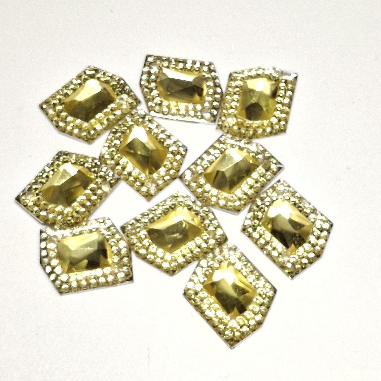 Набір 10шт. пришивних каменів з обідком діаметром 15.8/13мм акрил колір жовтий, фото 1