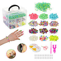 Дитячий набір для плетіння браслетів і прикрас, бісер і намистини в триповерховому боксі 13,5×16,5×15,5 см