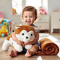 Дитячий плед-іграшка Хаскі 3 в 1 з подушкою, м'яка іграшка-плед 50×30×26 см коричневого кольору