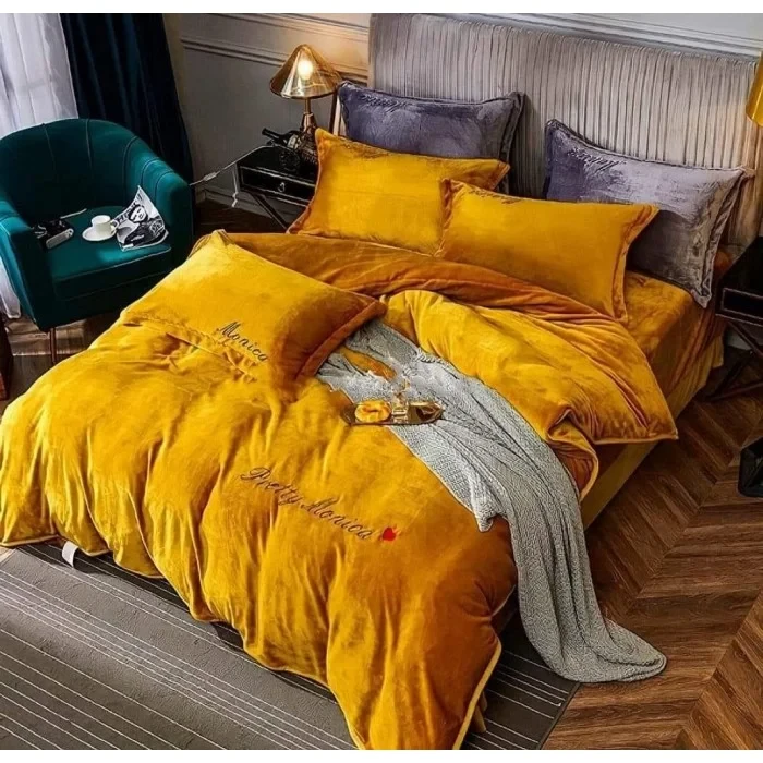 Постільна білизна велюрова Monica євро розмір 200 на 230 см гірчична, фото 1