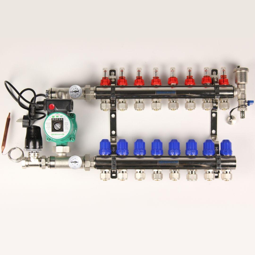 Колектор Gross 8504 1" - 3/4" на 8 виходів та пряма змішувальна група з насосом, фото 1