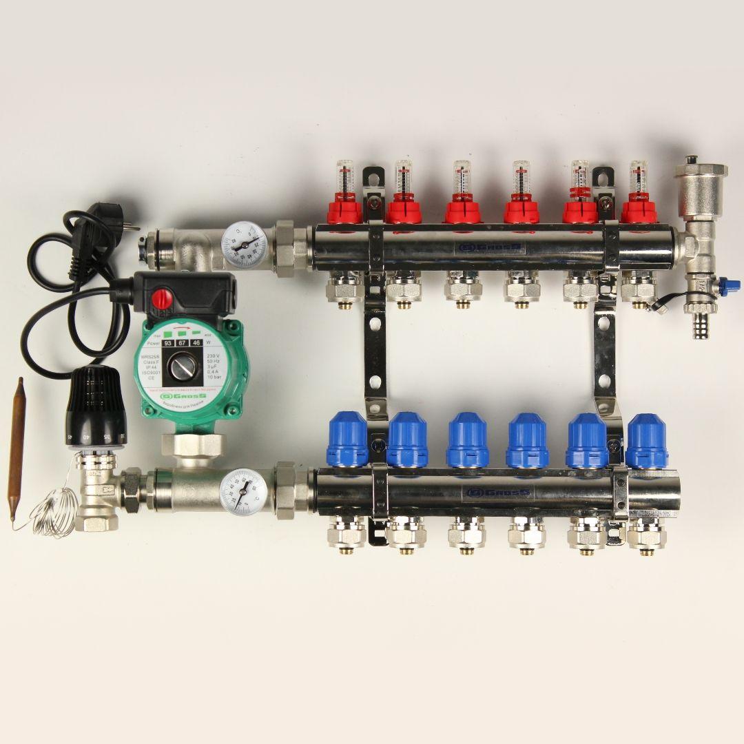Колектор Gross 8504 1" - 3/4" на 6 виходів та кутова змішувальна група з насосом, фото 1