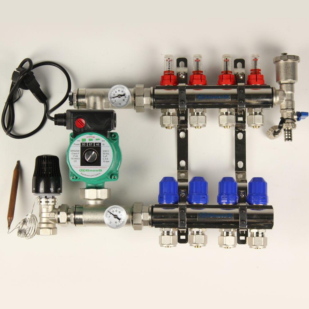 Колектор Gross 8504 1" - 3/4" на 4 виходи та кутова змішувальна група з насосом, фото 1