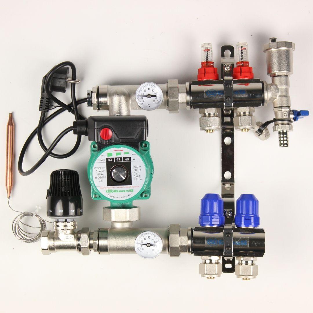 Колектор Gross 8504 1" - 3/4" на 2 виходи та пряма змішувальна група з насосом, фото 1