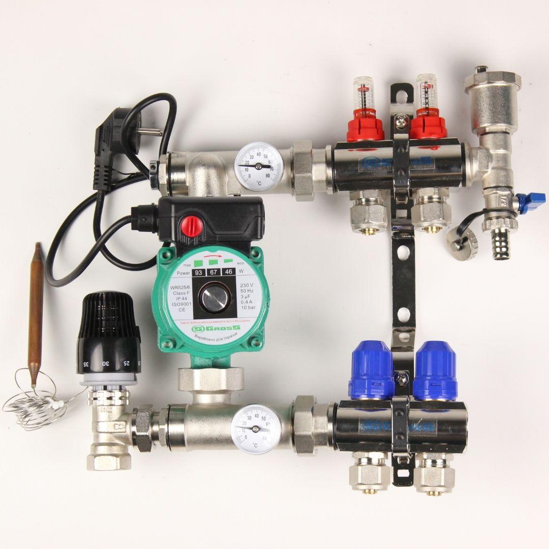 Колектор Gross 8504 1" - 3/4" на 2 виходи та кутова змішувальна група з насосом, фото 1