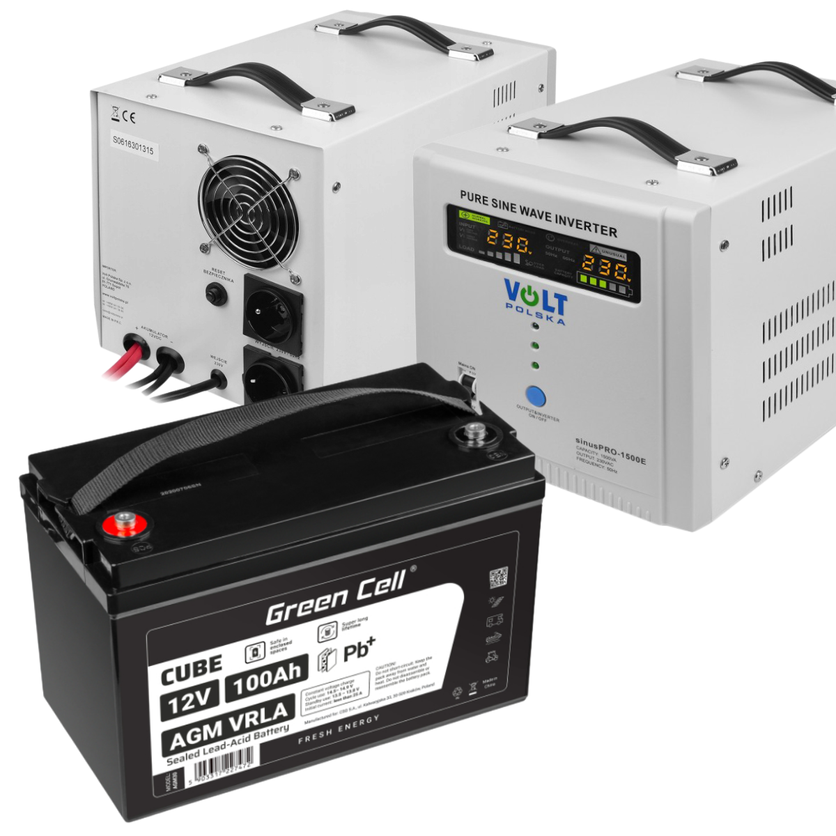 Аварійний комплект Volt Polska SINUS PRO 1500 E 12/230V 1050/1500W + Акумулятор VOLT AGM Gren Cell 100Ah 12V, фото 1