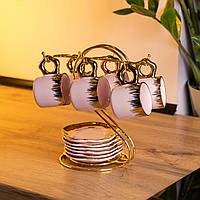 Набір чашок для кави на металевій підставці 6 (шт) по 100 (мл) подарунковий кавовий сервіз набір чашок Розовий із золотом FM-48