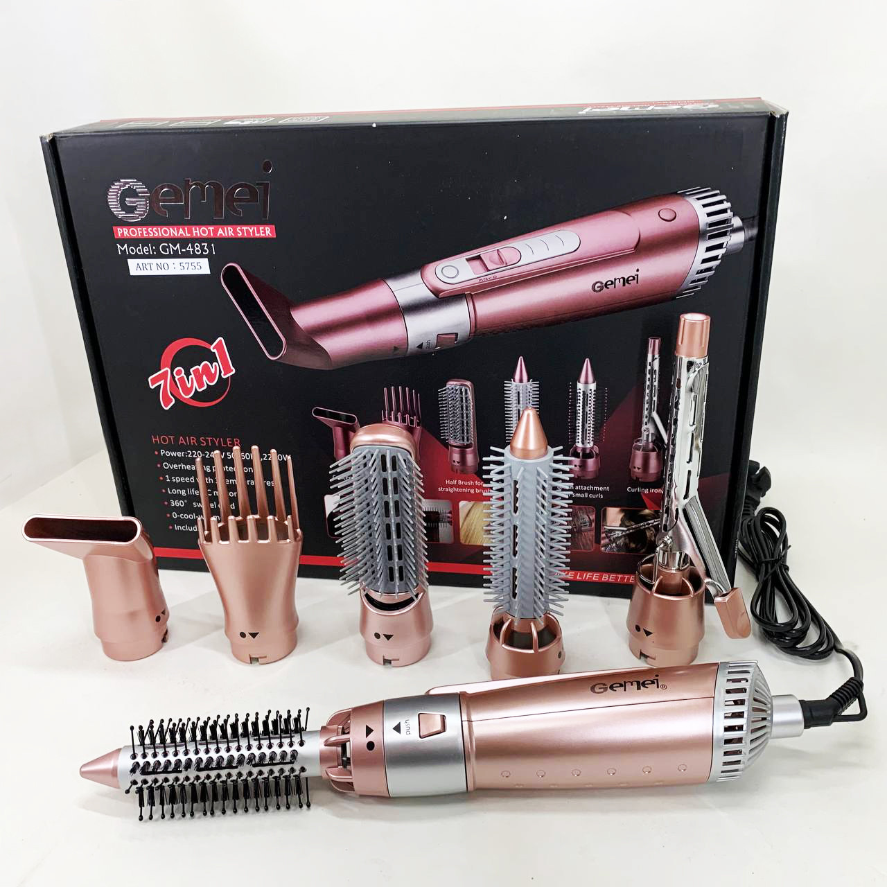 Фен-щітка повітряний з насадками GEMEI, Сучасний фен для укладання, Фен для дбайливого сушіння волосся DN-15