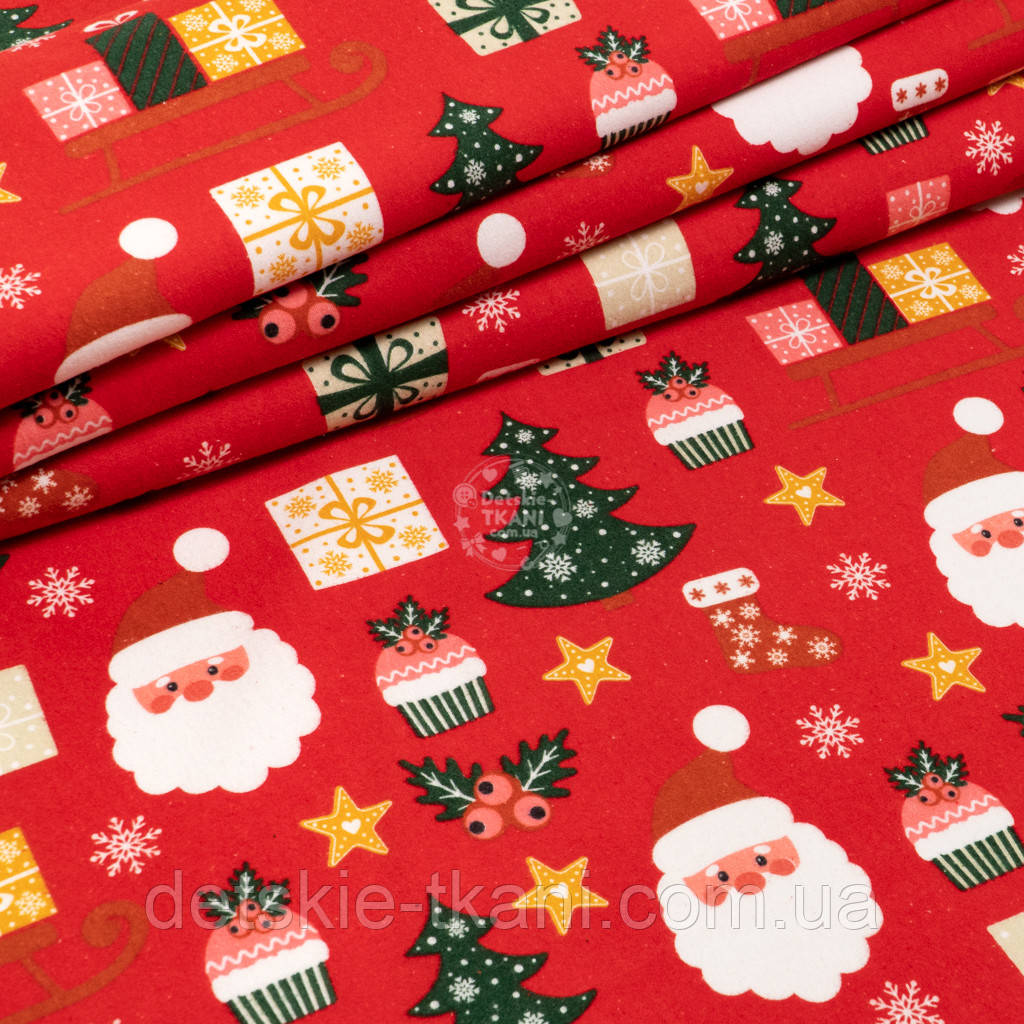 Фланель "Дід Мороз, санки з подарунками та ялинки" на червоному тлі, ширина 240 см, фото 1