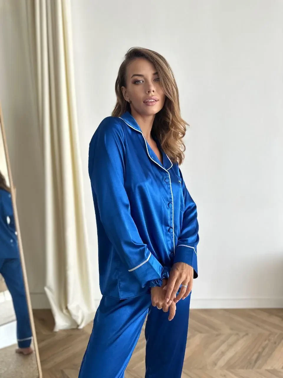 Жіноча піжама з сатину на ґудзиках — класичний комплект двійка, гладкий сатин, турецький виробник, фото 1