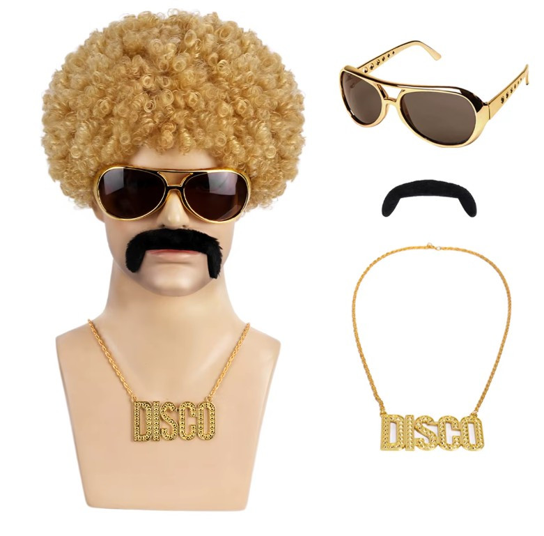 Перука чоловіча кучерява косплей, окуляри, вуса, цепочка. Блондин