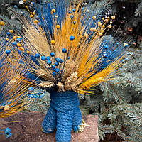 Різдвяний Дідух з  колосся та льону 30 см з сухоцвітами "Синій та жовтий"