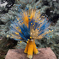 Різдвяний Дідух з  колосся та льону 30 см з сухоцвітами "Синій та жовтий"