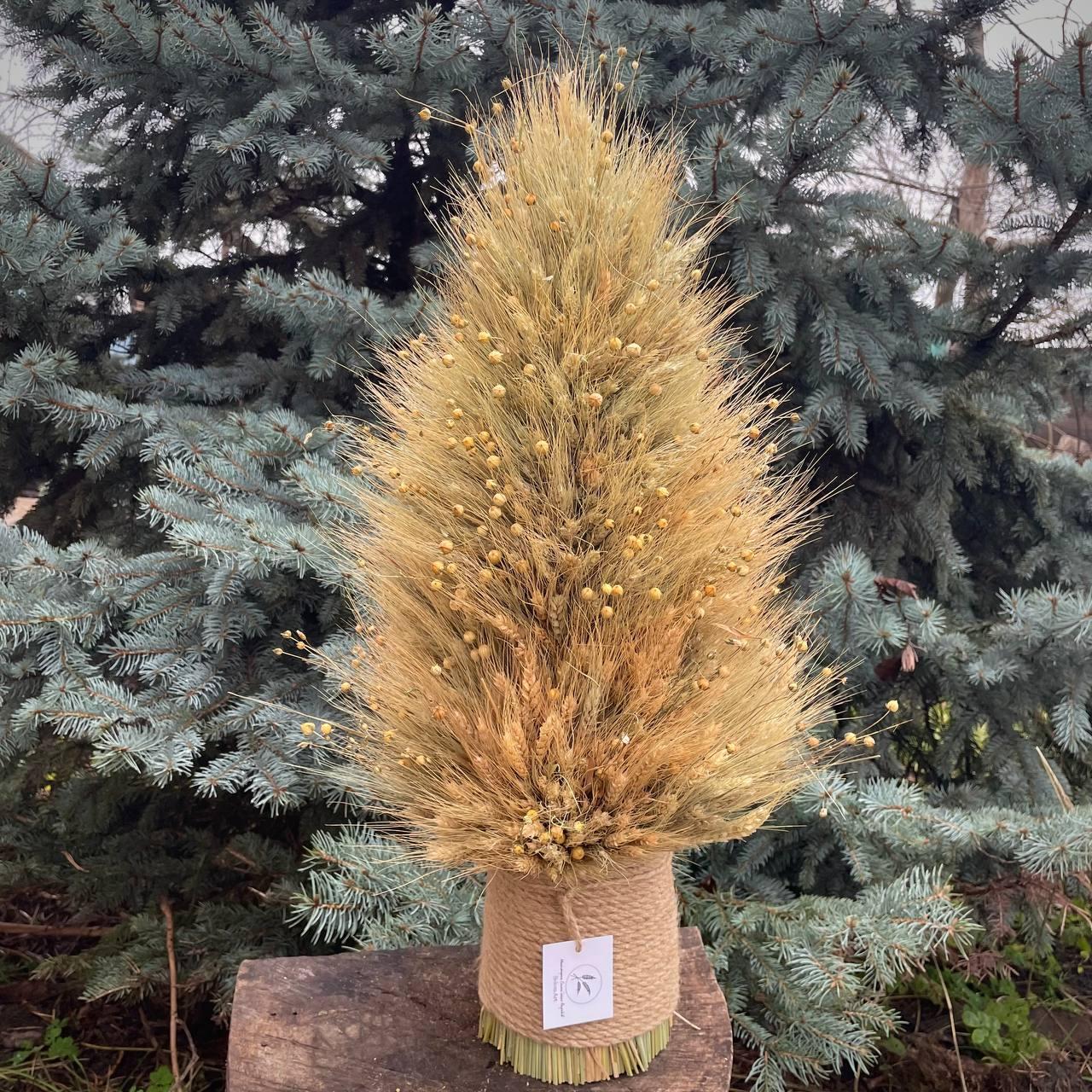 Дідух Різдвяний «Ялинка» із остистого пшеничного колосся і льону 40 см Святкова прикраса, оберіг