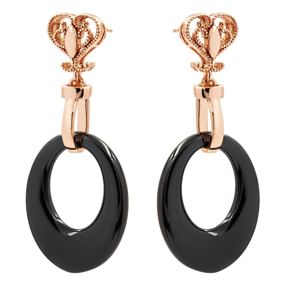 Сережки Xuping керамічні гвоздики Овал на ажурному серці (Медичне золото), фото 1