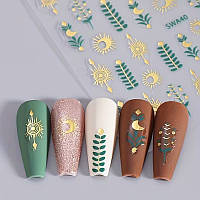 Набір наклейок для нігтів 2 листи золоті елементи, сонце, місяць, рослини