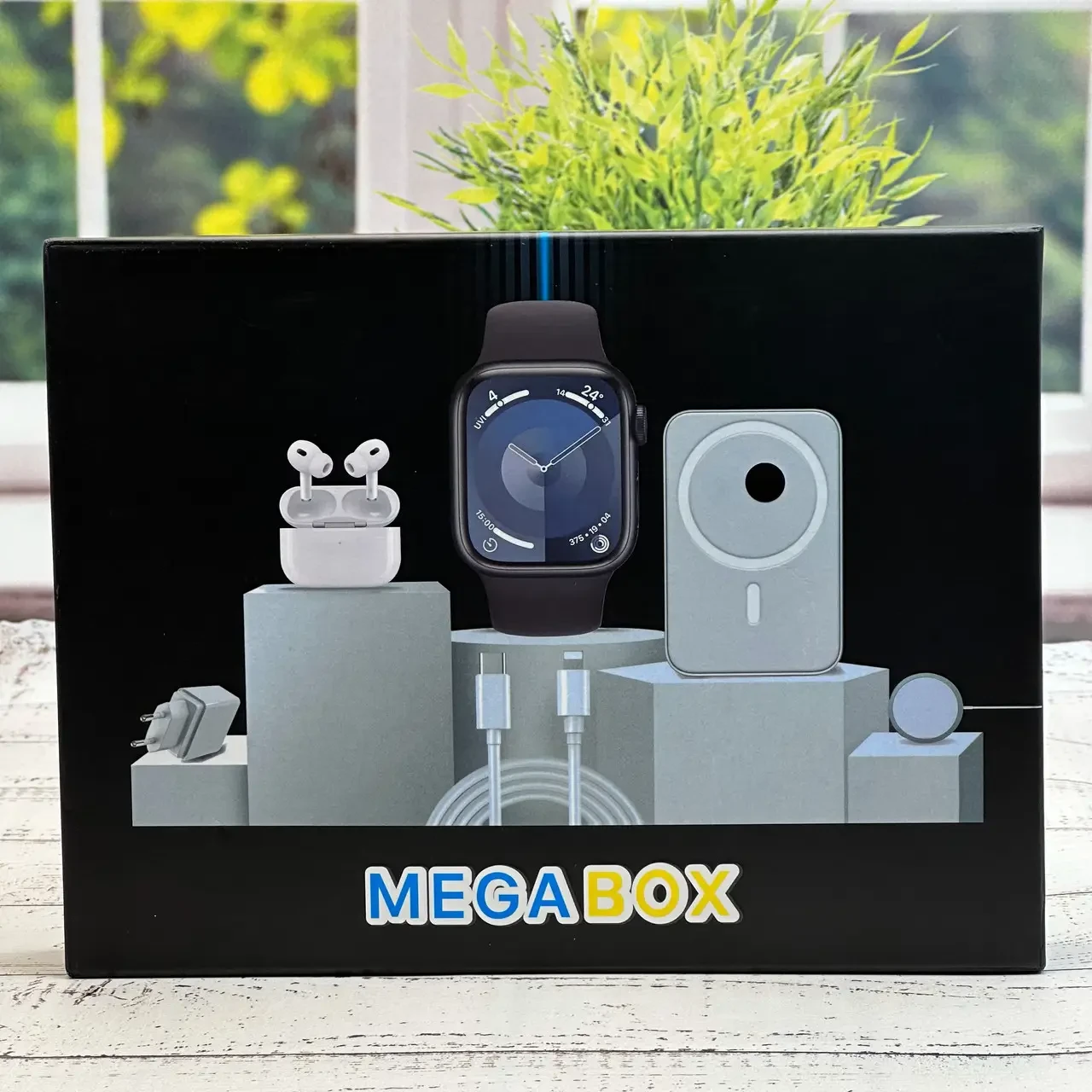 Комплект Megabox (6-в-1) Smart Watch 9 з бездротовими навушниками і пауербанком, Black, фото 1