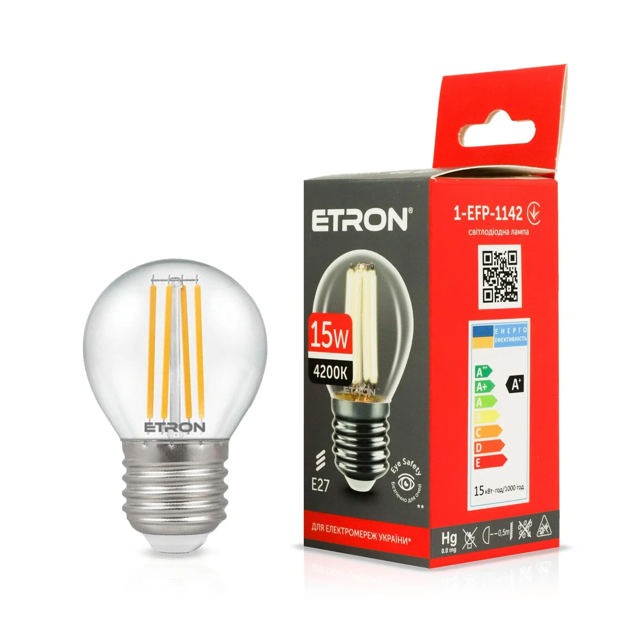 Філаментна LED лампа 15W 4200K G45 E27 ETRON 1-EFP-1142 Filament, фото 1
