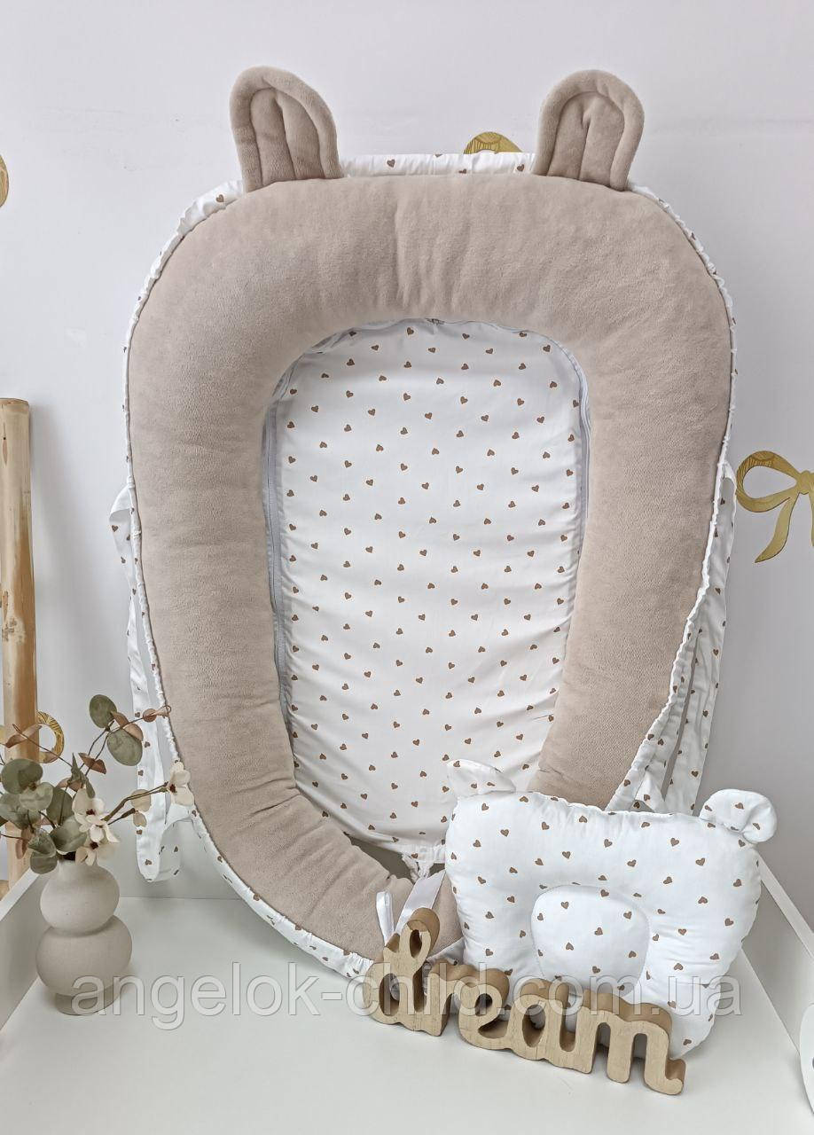 Кокон, гніздечко для новонародженого, кокон позиціонер для дитини велюровий з вушками Angelok-child, фото 1