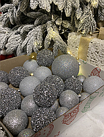 Новорічні іграшки "Блиск та Кристал" (24 шт 10/8/6 см) Ялинкові кульки Набір куль срібний