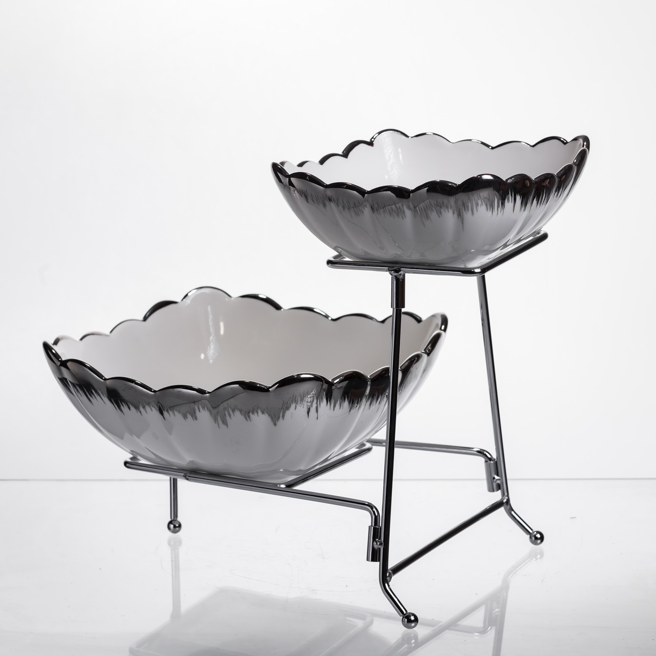 Фруктовниця на 2 яруси фуршетна 27×21×25 (см) Біла з сріблом 2561-1AS, фото 1