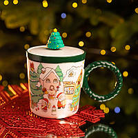 Чашка порцелянова з кришкою Ялинка 400 (мл) Зелена Yiwu FM-CS-36B