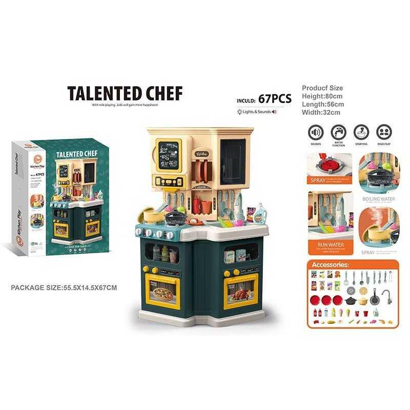 Дитяча кухня з парою та водою 922-140 Зелена, кутова, висота 80 см, 67 елементів, підсвітка, звуки, продукти, на батарейках, фото 1