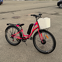 Велосипед з Е-комплектом 26" Cross Betty Рожево-сірий 36В 350Вт 10 Ah/ Мотор MXSUS/ з кошиком та багажником